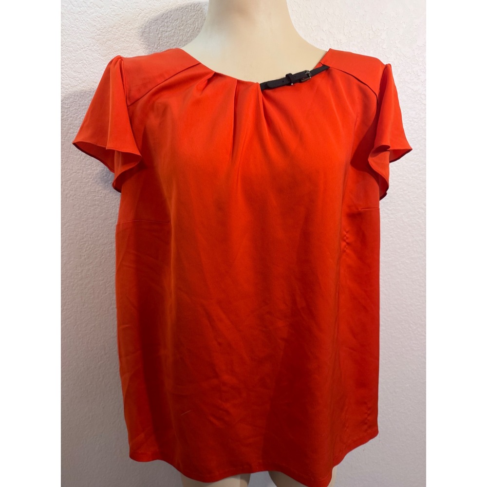 Worthington Woman Orange Pleated Buckle Neck Flutter Sleeve Blouse Top 2X